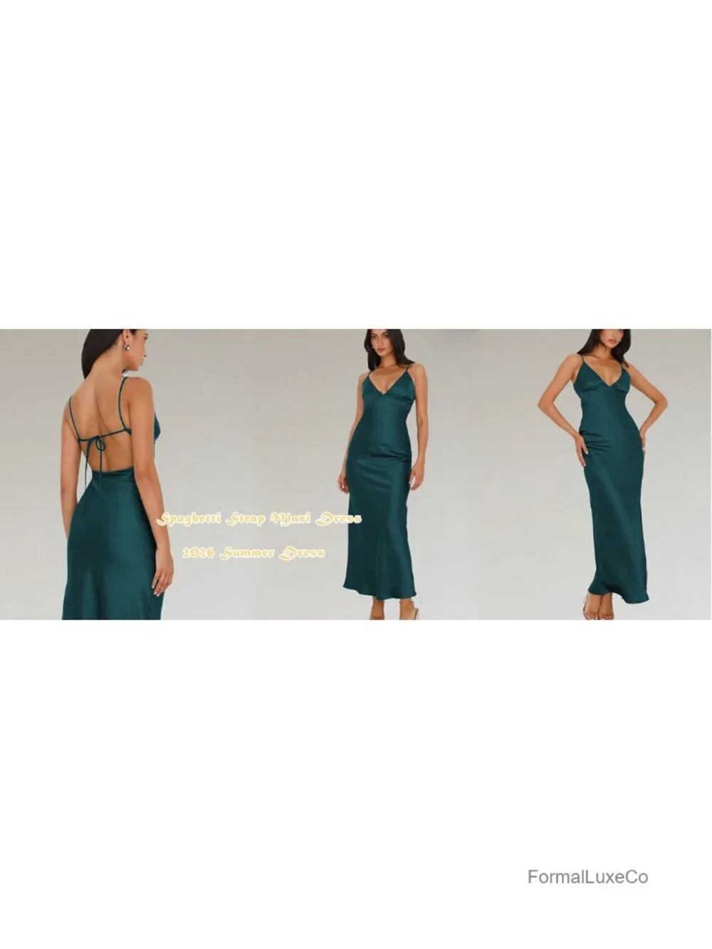 Satin Midi Dress Spaghetti Strap V Neck Backless Tie Back Cocktail